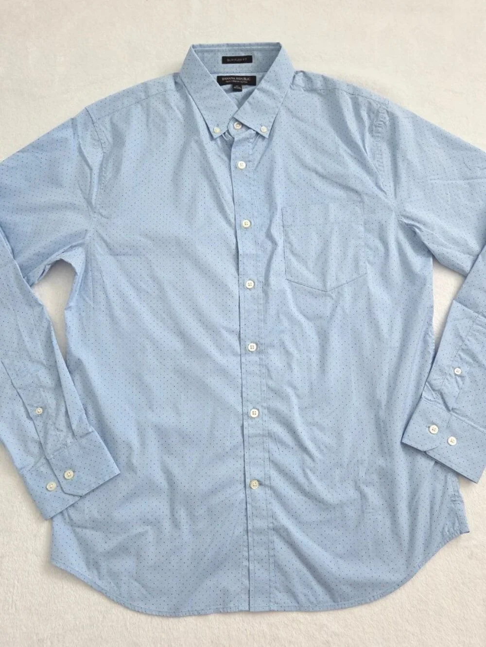Banana Republic Slim Tech Stretch Cotton Shirt Mens Medium Blue Polka Dot Button